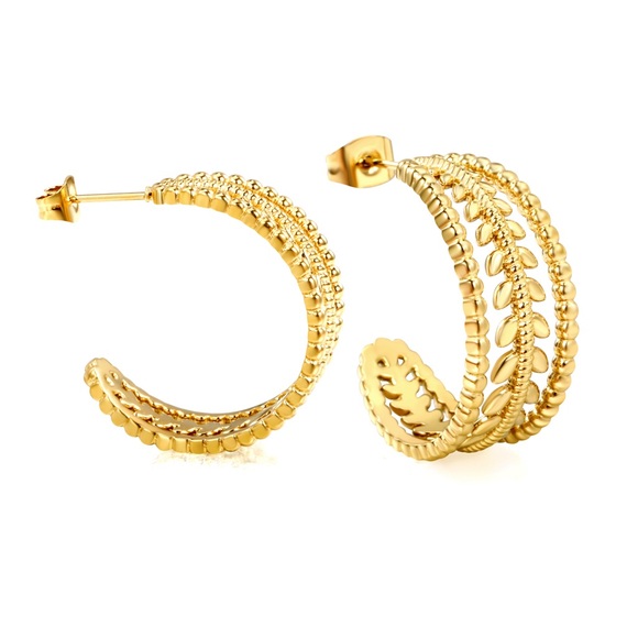 18K Gold Plated Stainless Steel Leaf Hoop Earrings - Picture 5 of 7